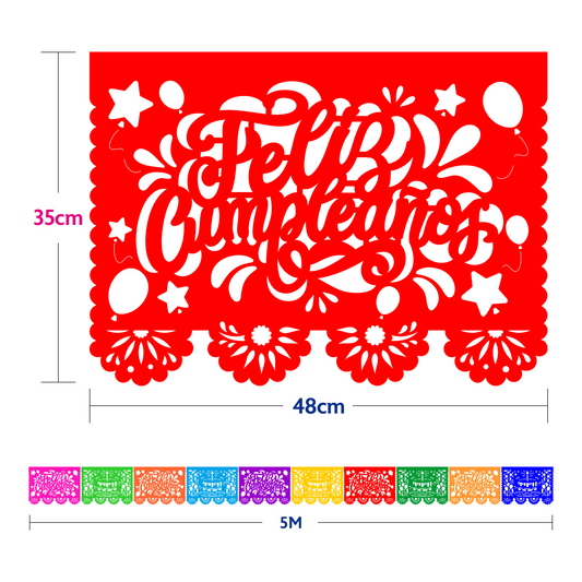 Cometamex | Guirnalda de papel china | Feliz cumpleaños | 10 piezas de 5 metros