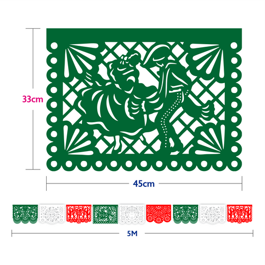 Guirnalda de papel picado charrería tricolor (plástico) - 10 tiras de 5 metros (50 metros totales)