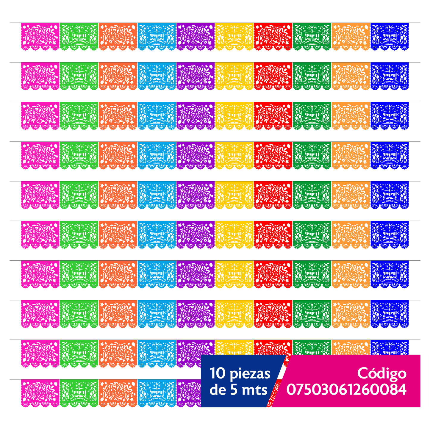 Cometamex | Guirnalda de papel china | Feliz cumpleaños | 10 piezas de 5 metros