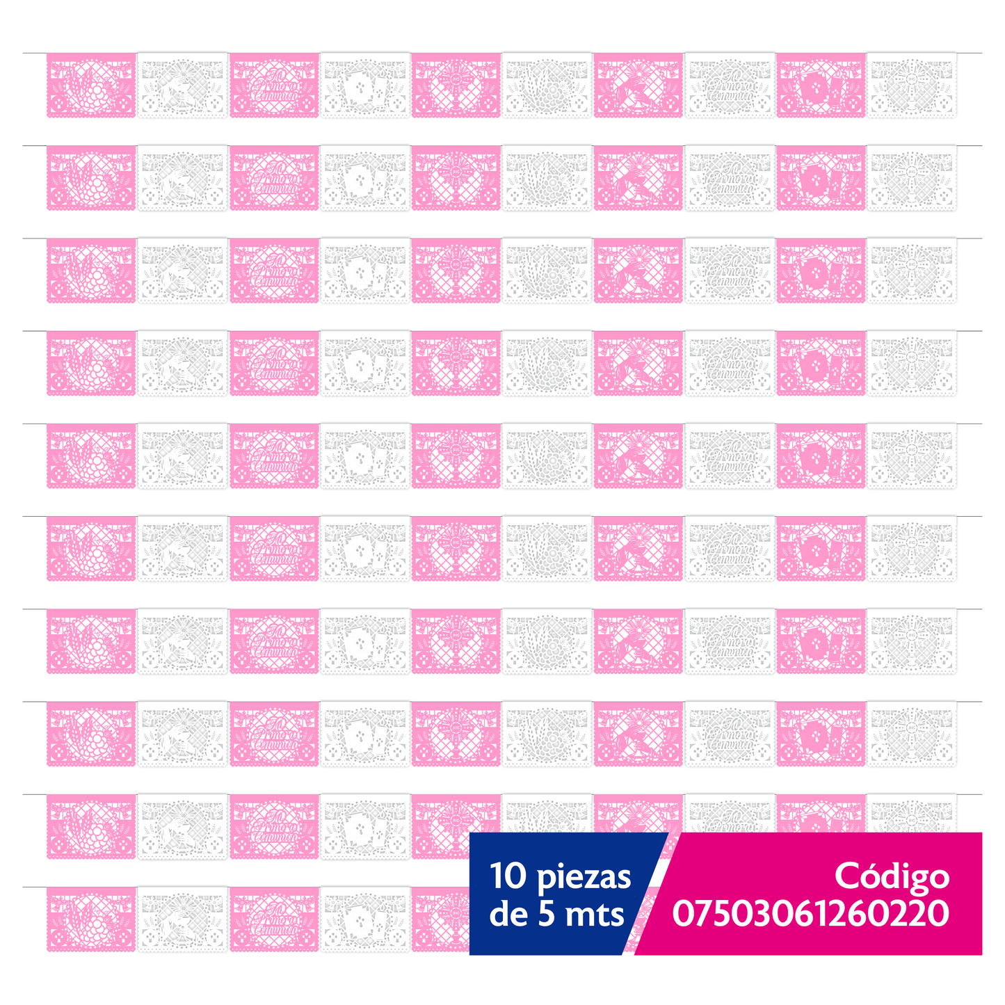 Guirnalda de papel picado primera comunión (niña) (papel china) - 10 guirnaldas de 5 metros (50 metros totales)