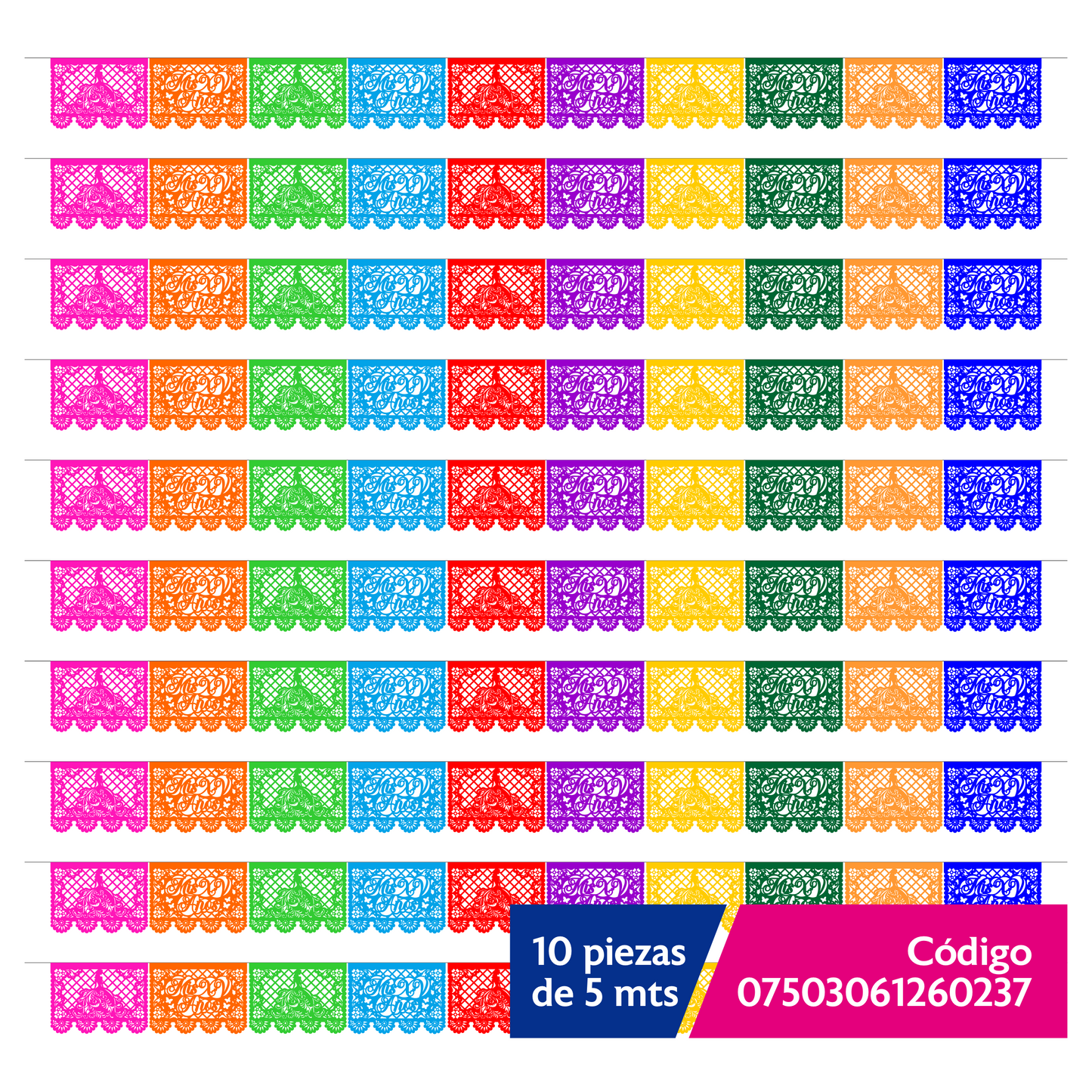 Guirnalda de papel picado xv años (papel china) - 10 tiras de 5 metros (50 metros totales)