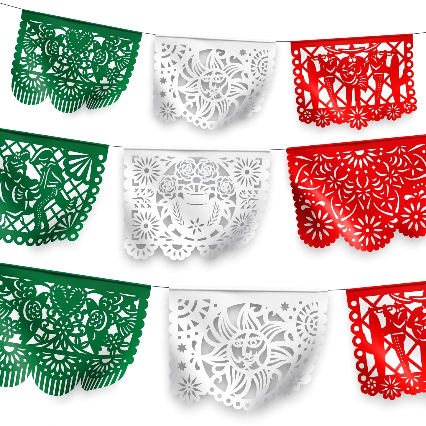 Guirnalda de papel picado charrería tricolor (plástico) - 10 tiras de 5 metros (50 metros totales)