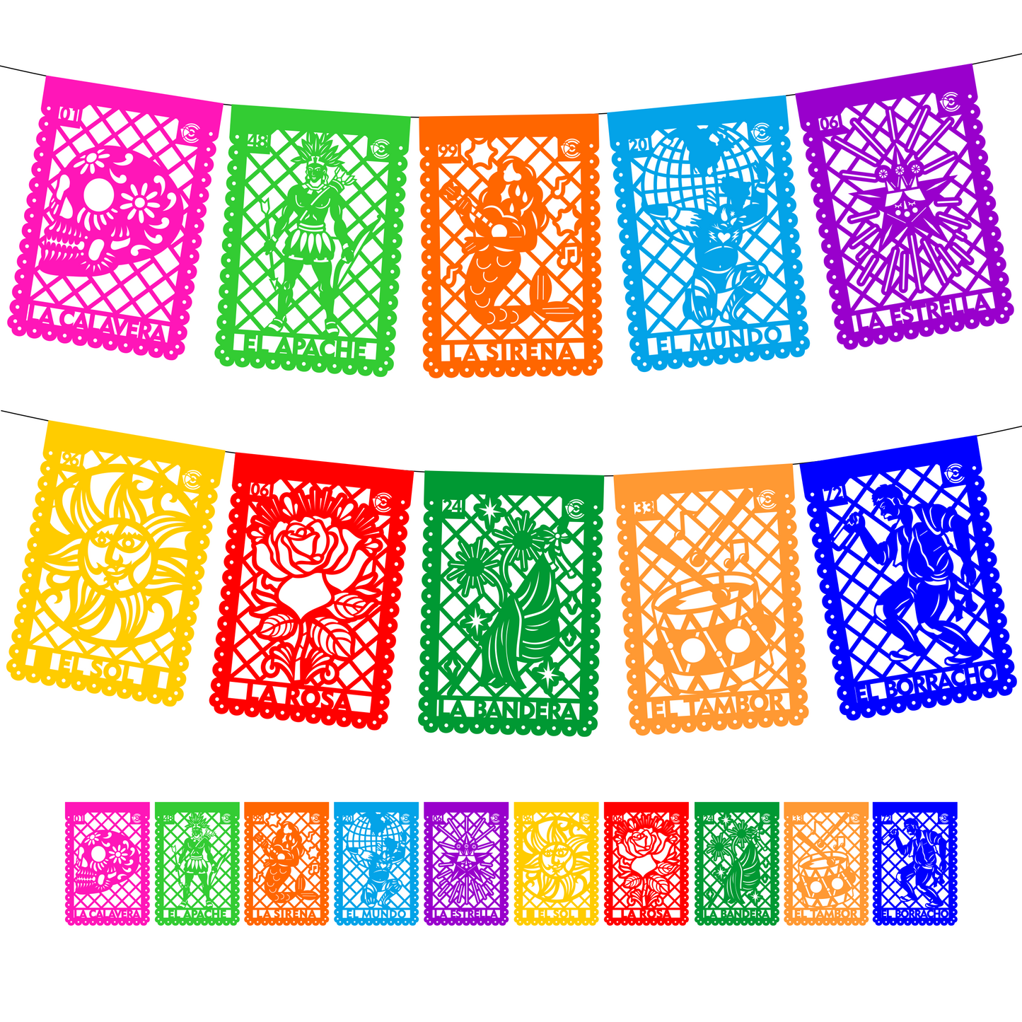 Guirnalda de papel picado lotería mexicana (papel china) - 10 guirnaldas de 5 metros (50 metros totales)