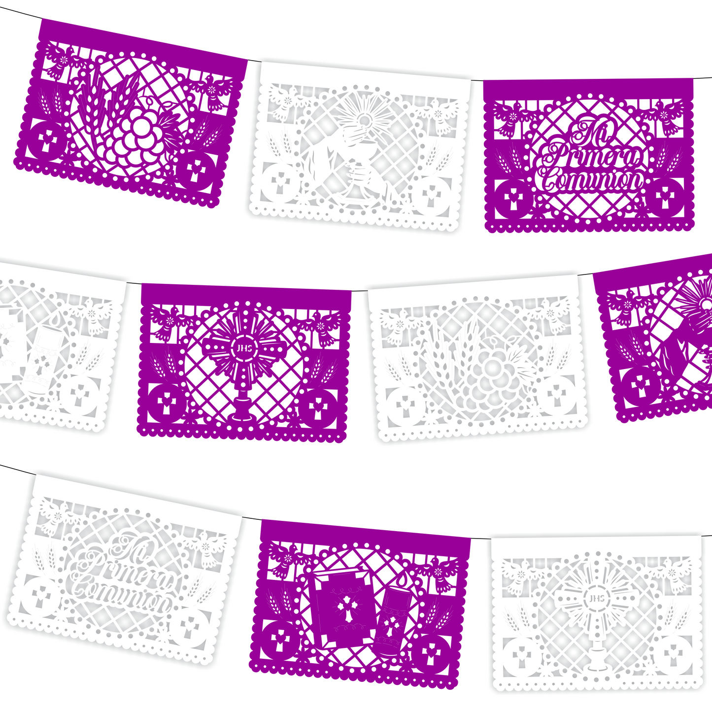 Guirnalda de papel picado primera comunión (tradicional) (papel china) - 10 guirnaldas de 5 metros (50 metros totales)