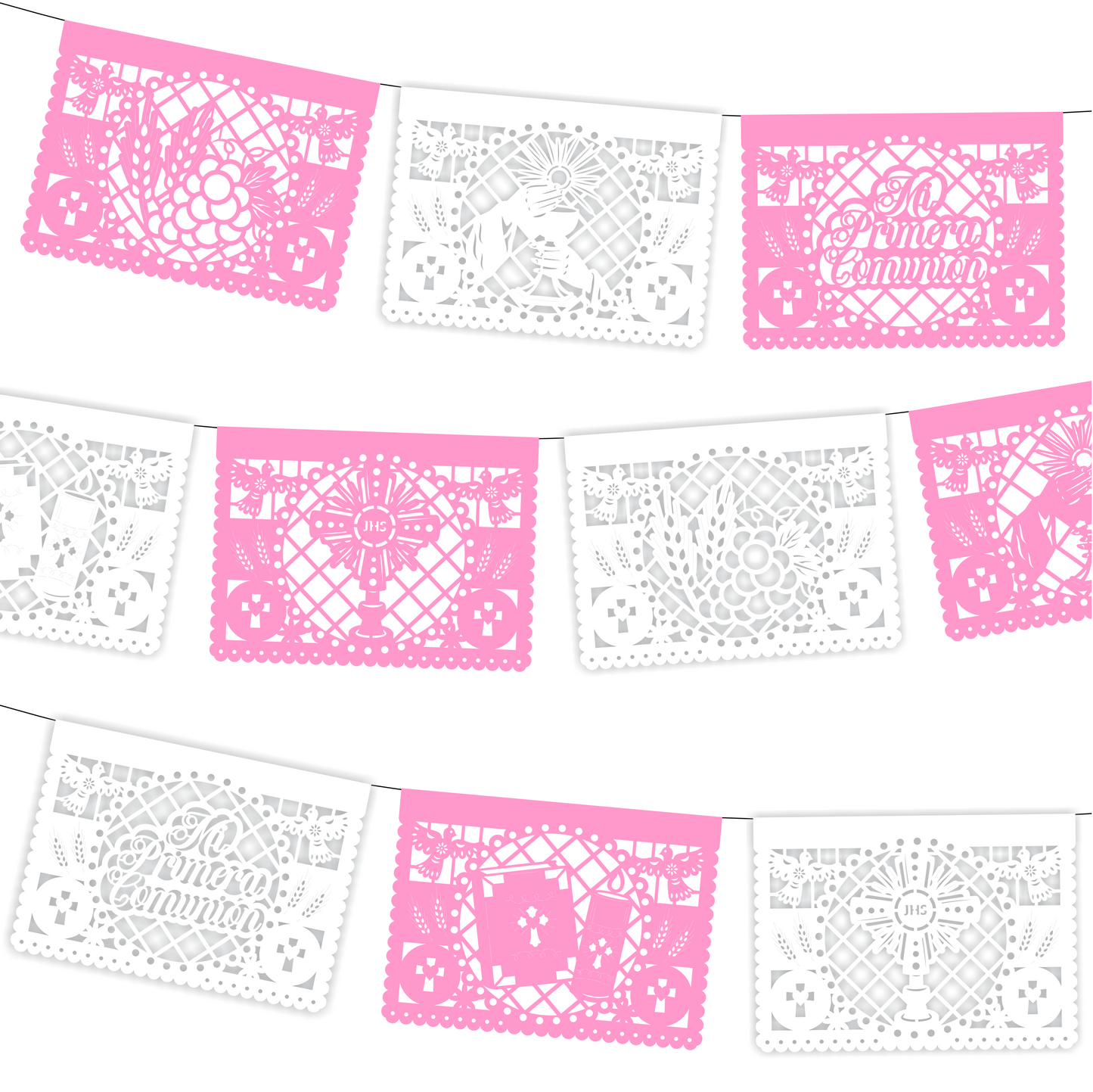 Guirnalda de papel picado primera comunión (niña) (papel china) - 10 guirnaldas de 5 metros (50 metros totales)