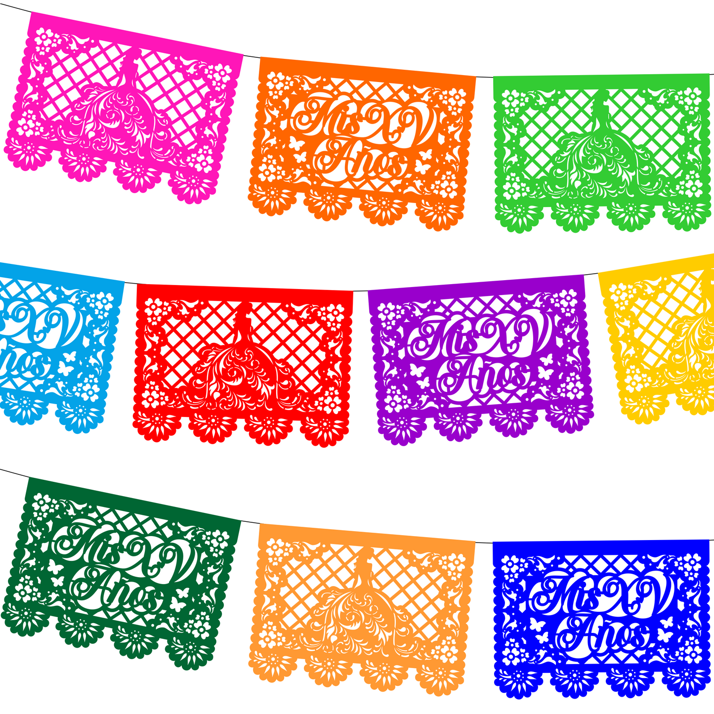 Guirnalda de papel picado xv años (papel china) - 10 tiras de 5 metros (50 metros totales)