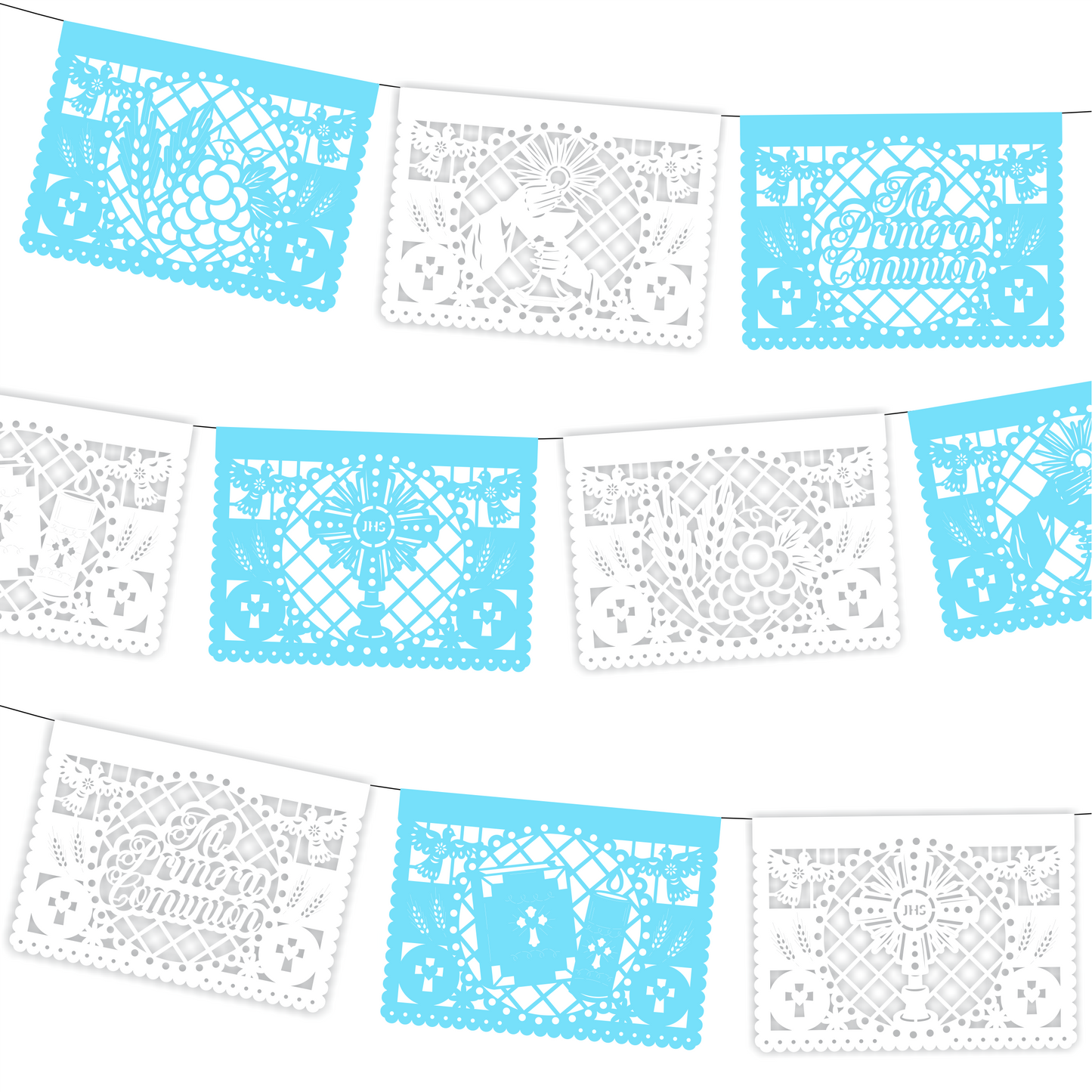 Guirnalda de papel picado primera comunión (niño) (papel china) - 10 guirnaldas de 5 metros (50 metros totales)