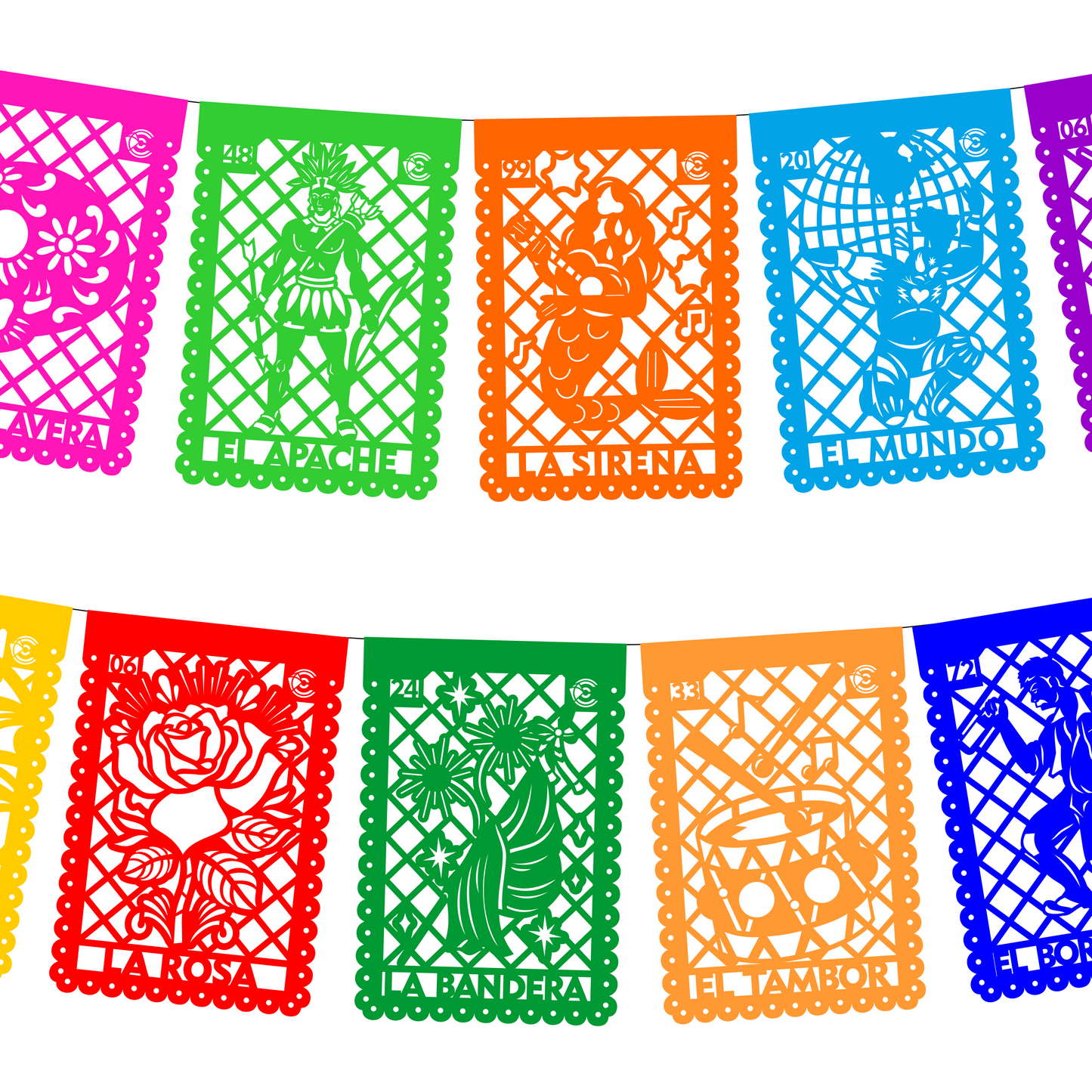 Guirnalda de papel picado lotería mexicana (papel china) - 10 guirnaldas de 5 metros (50 metros totales)