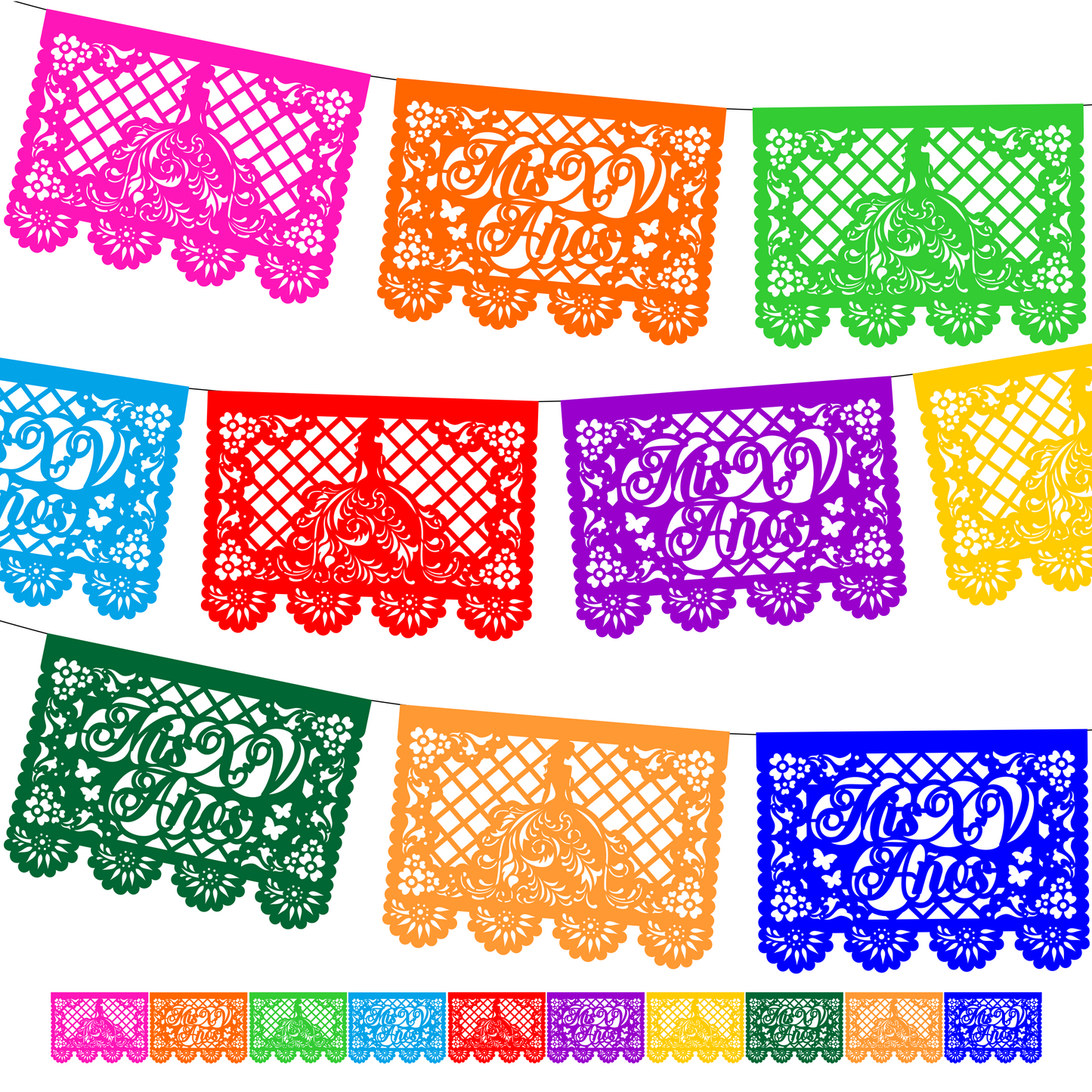 Guirnalda de papel picado xv años (papel china) - 10 tiras de 5 metros (50 metros totales)