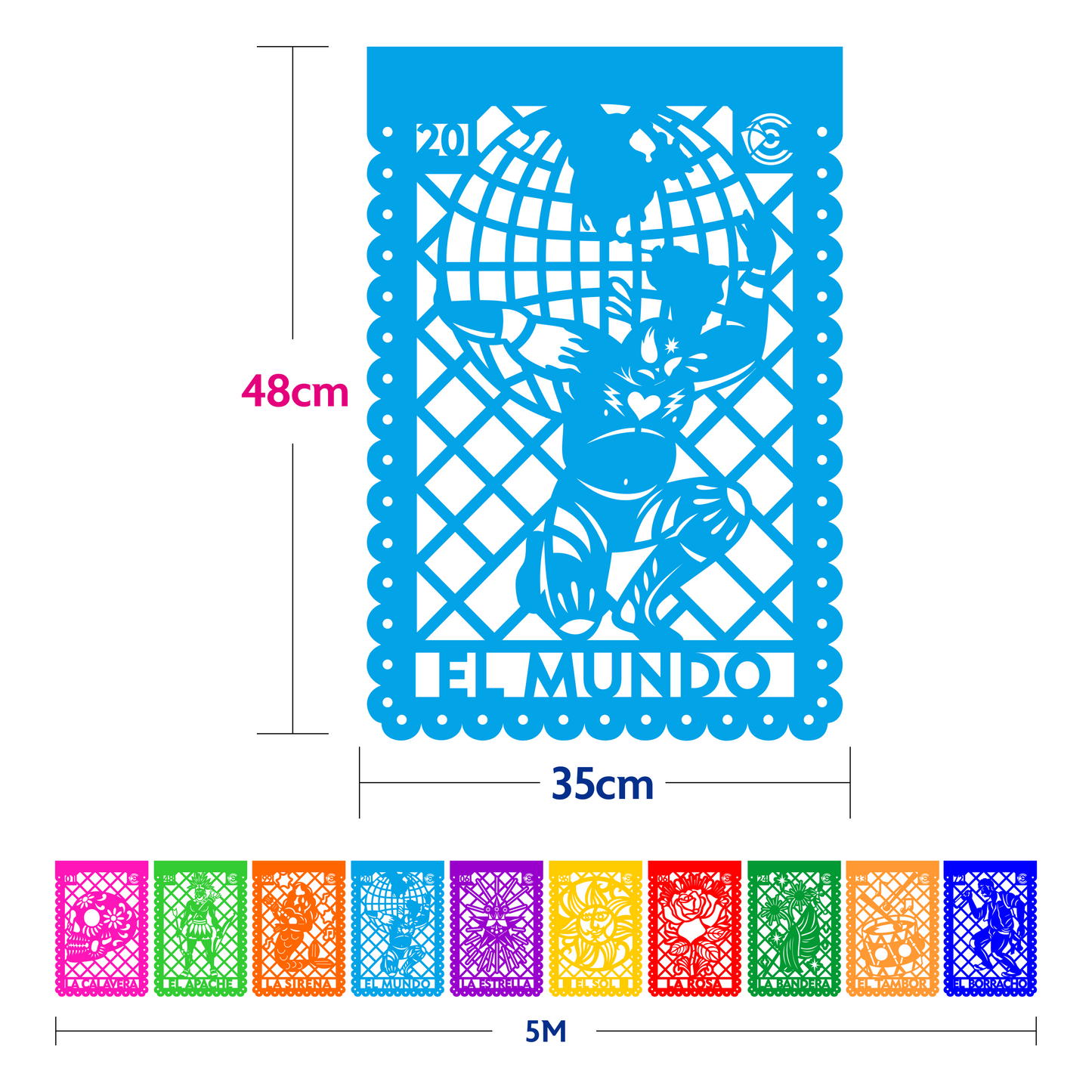 Guirnalda de papel picado lotería mexicana (papel china) - 10 guirnaldas de 5 metros (50 metros totales)