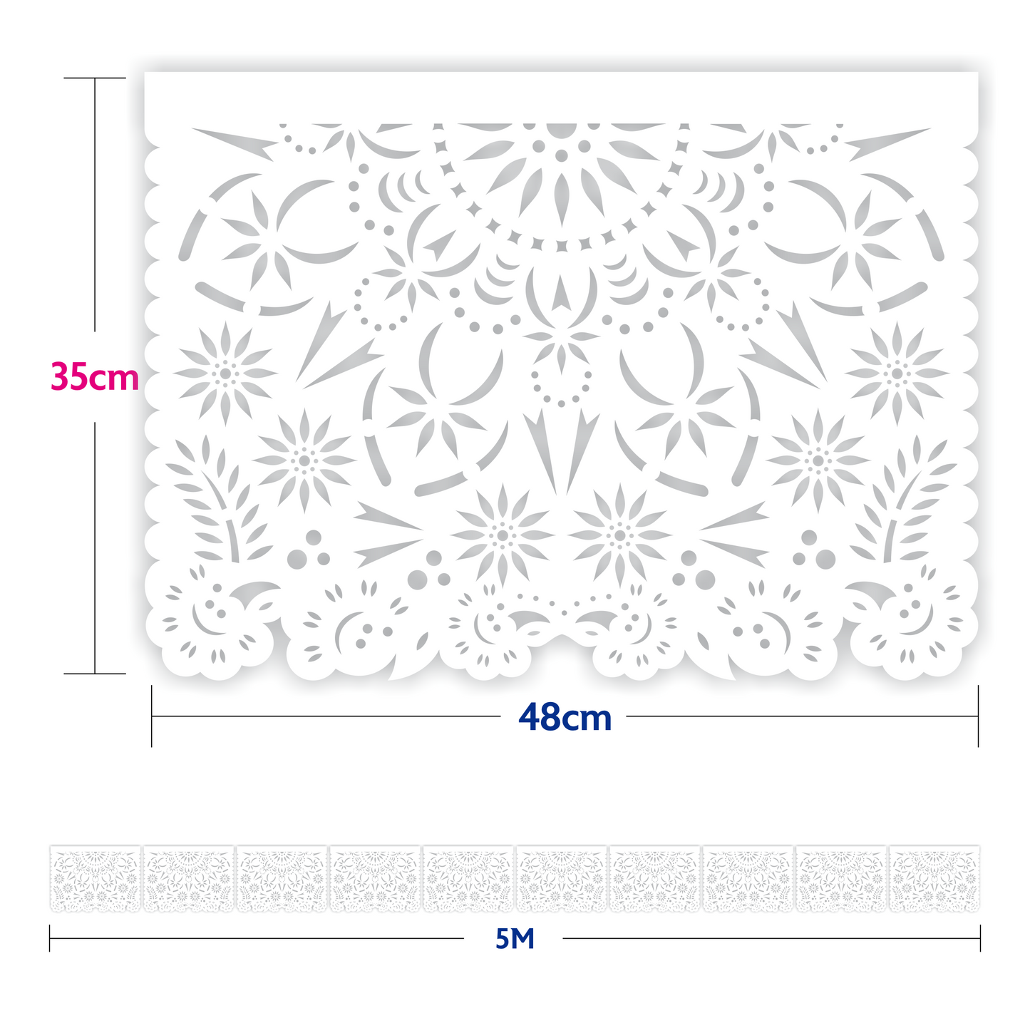 Cometamex | Guirnalda de papel china | Mandalas blanco | 10 piezas de 5 metros