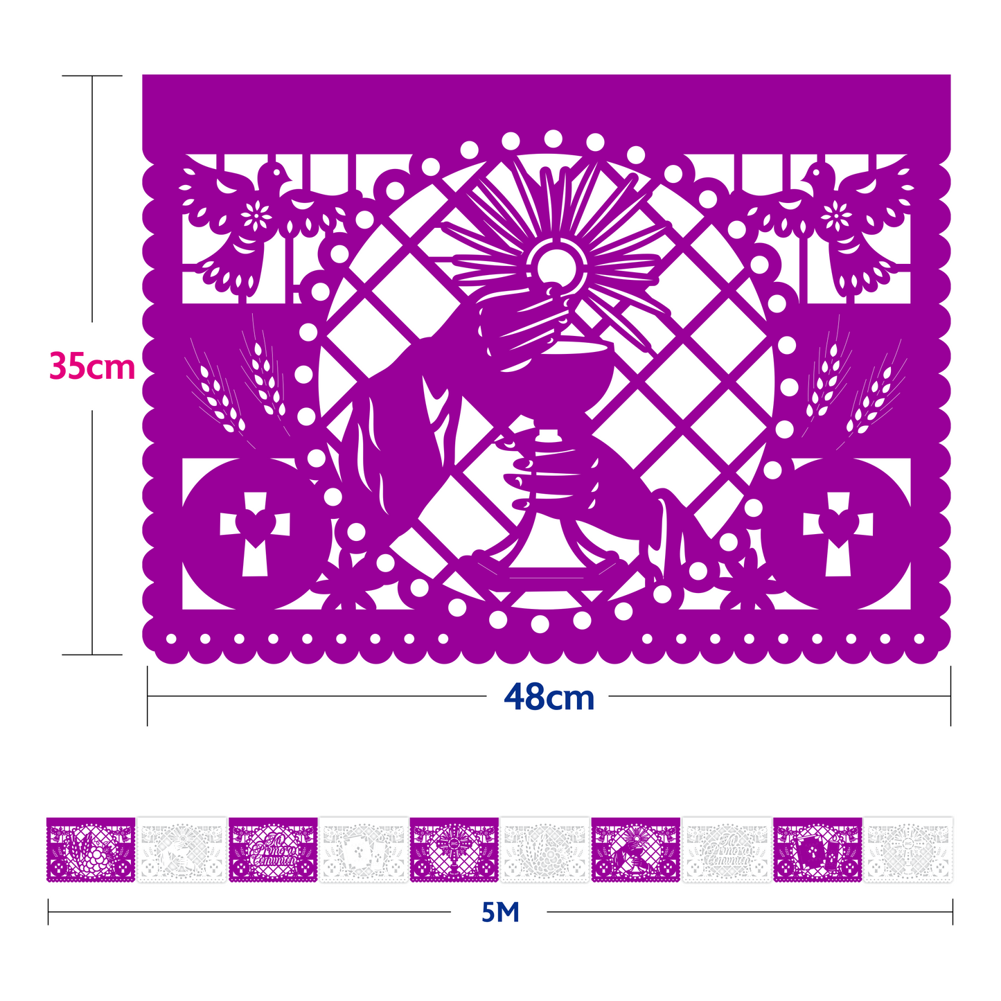 Guirnalda de papel picado primera comunión (tradicional) (papel china) - 10 guirnaldas de 5 metros (50 metros totales)
