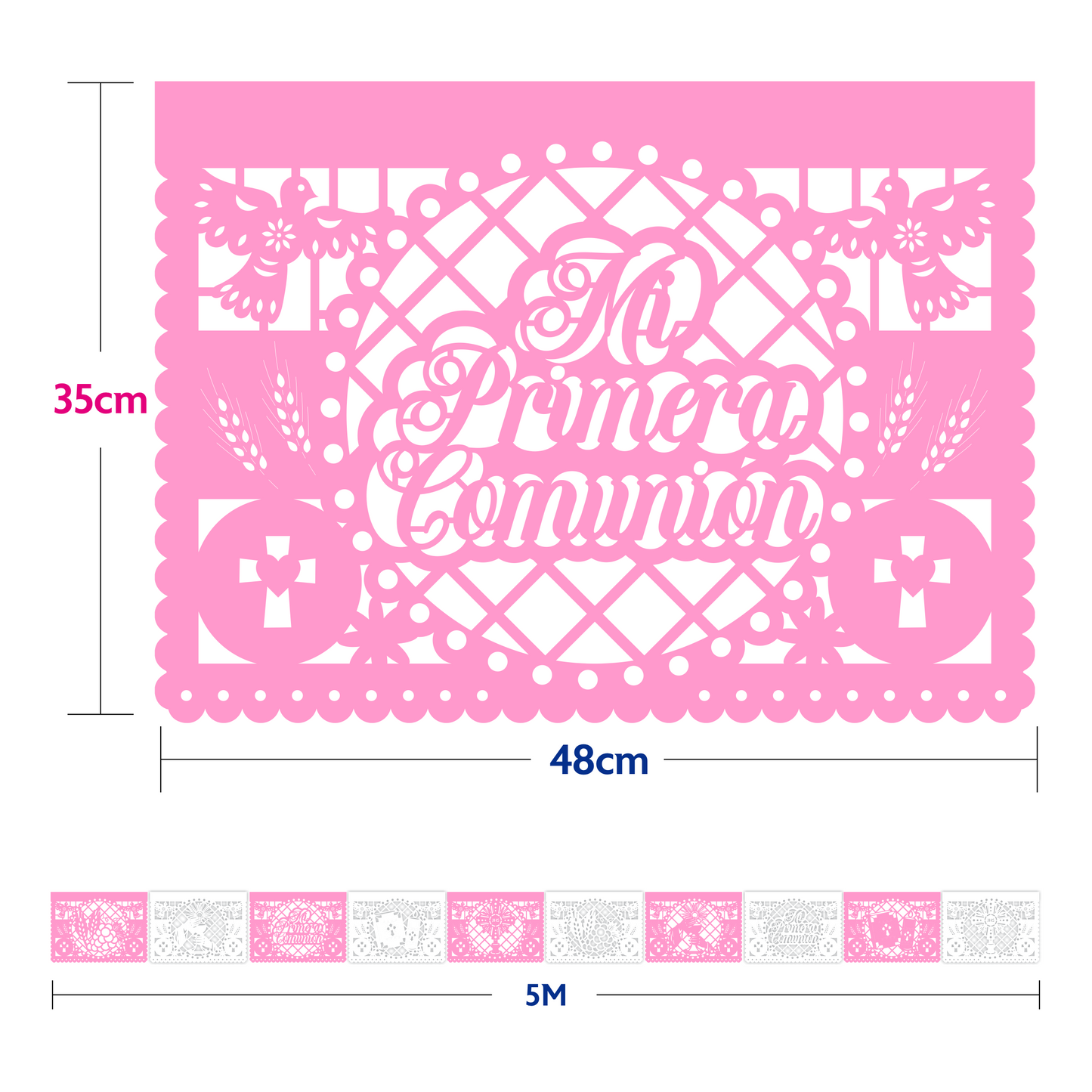 Guirnalda de papel picado primera comunión (niña) (papel china) - 10 guirnaldas de 5 metros (50 metros totales)