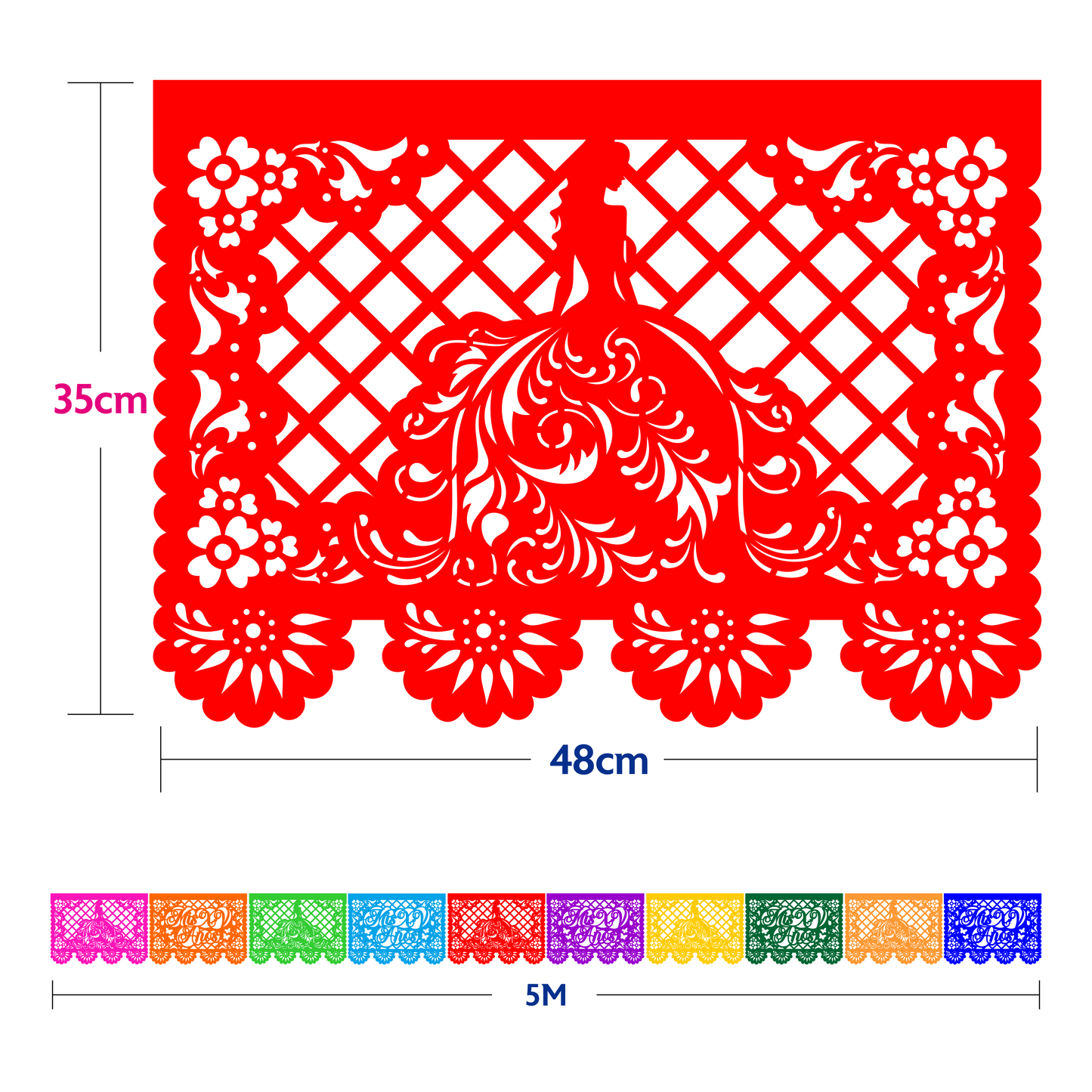 Guirnalda de papel picado xv años (papel china) - 10 tiras de 5 metros (50 metros totales)