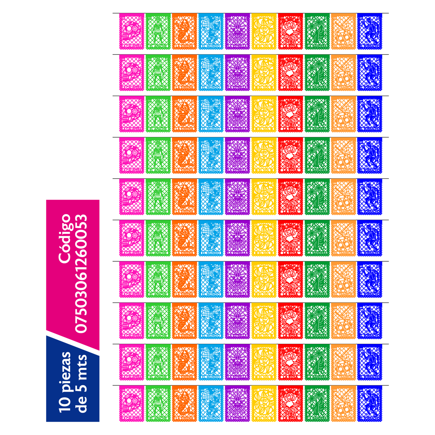 Guirnalda de papel picado lotería mexicana (papel china) - 10 guirnaldas de 5 metros (50 metros totales)