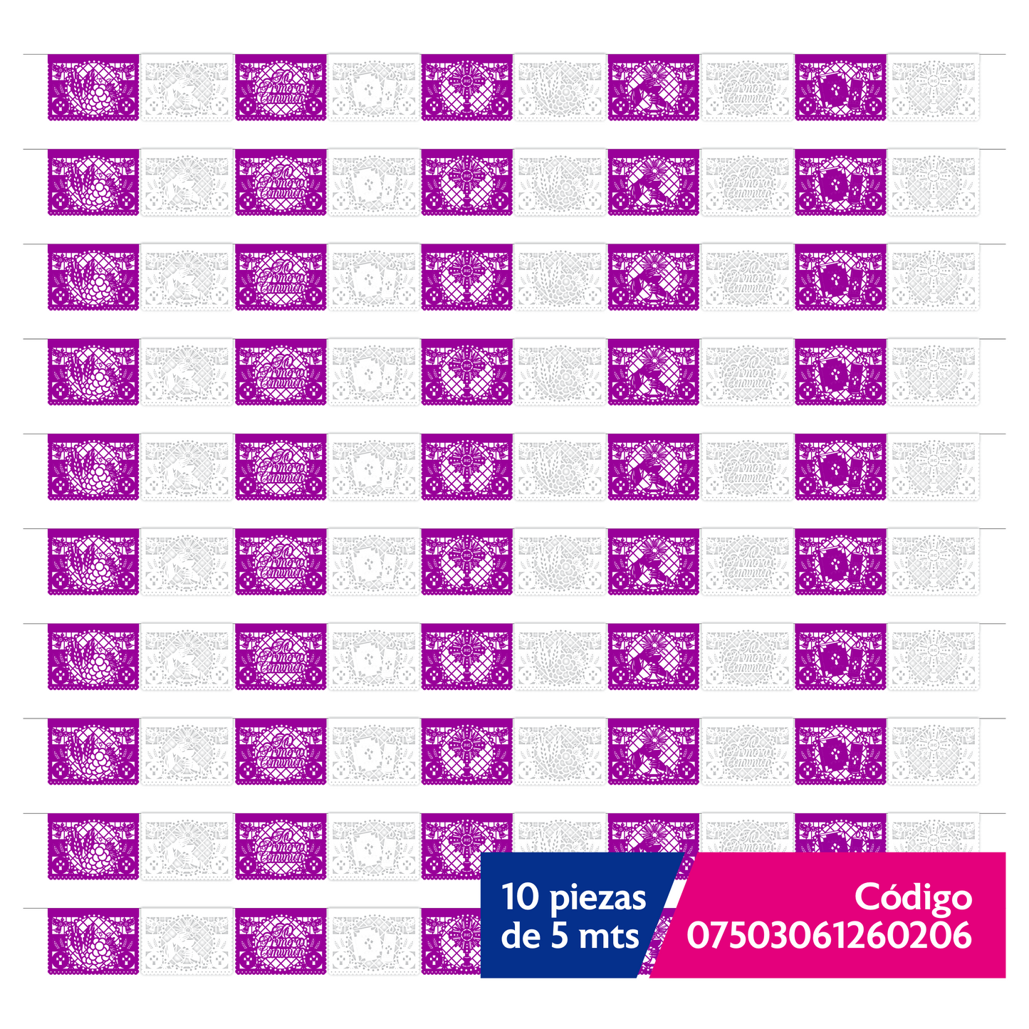 Guirnalda de papel picado primera comunión (tradicional) (papel china) - 10 guirnaldas de 5 metros (50 metros totales)