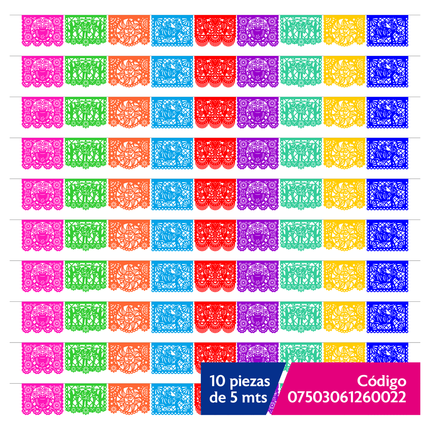 Guirnalda de papel picado toda ocasión (plástico) - 10 guirnaldas de 5 metros (50 metros totales)