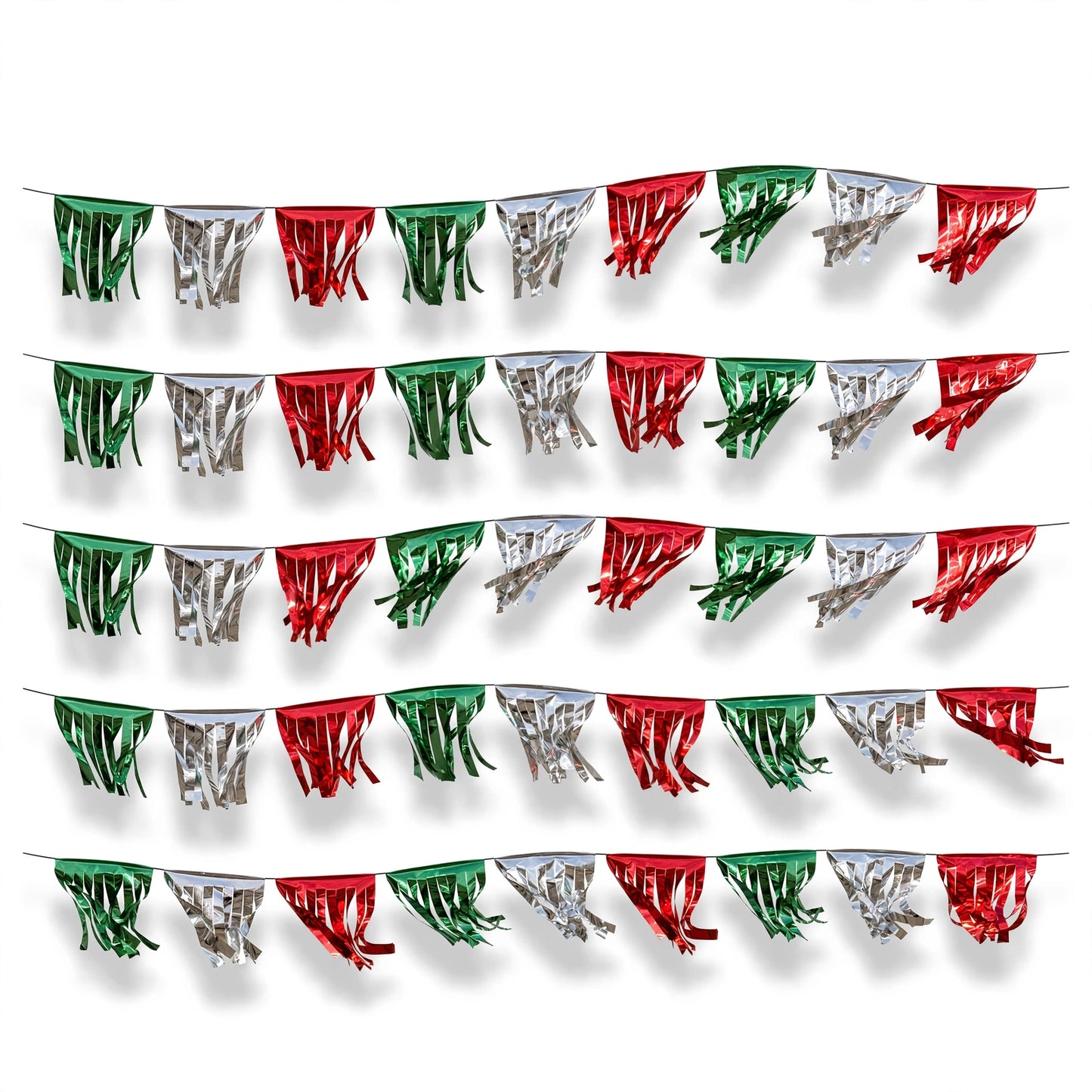 Guirnalda de papel picado flecos tricolor g (papel metálico) - 10 tiras de 5 metros (50 metros totales)