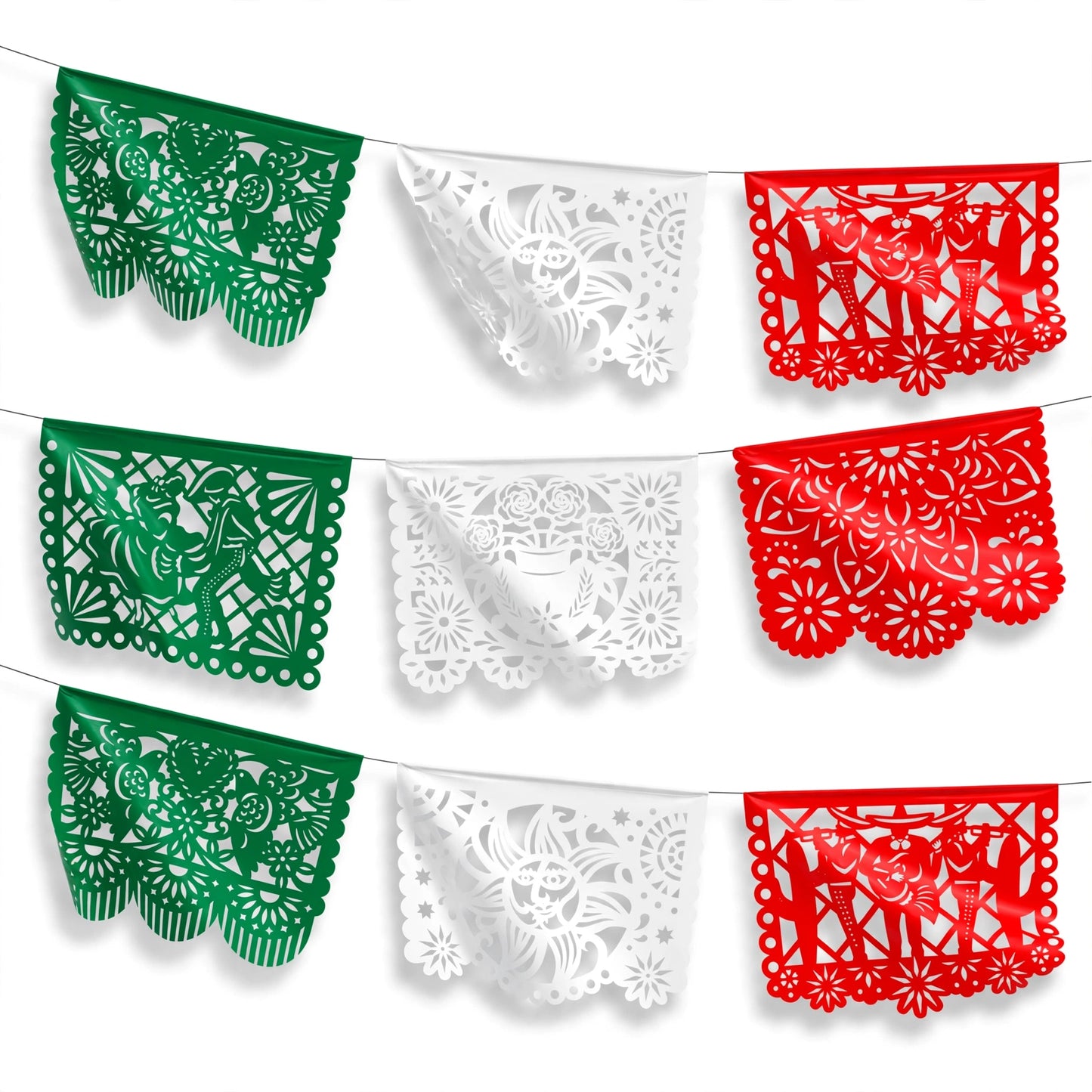 Guirnalda de papel picado charrería tricolor (plástico) - 10 tiras de 5 metros (50 metros totales)